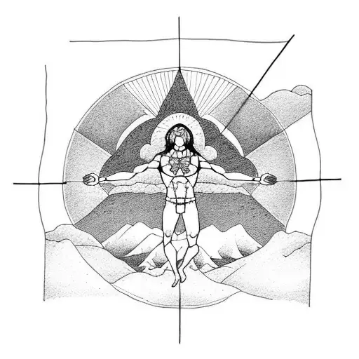 Small Vitruvian Man Flying Above A Mountain Range At Sunset