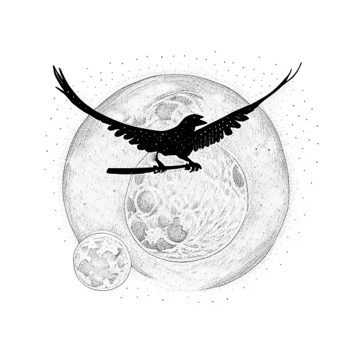 A Crow Flying In Front Of A Tree With Full Moon In The Background At Night