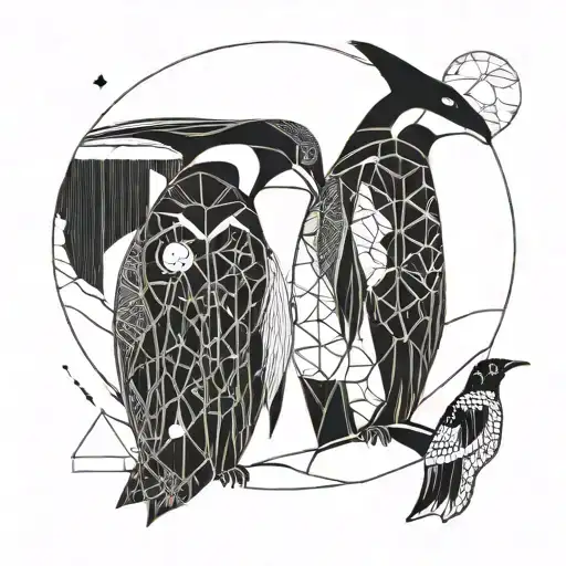 Two African Penquins Holding Hands Looking At The Moon Inbetween Them