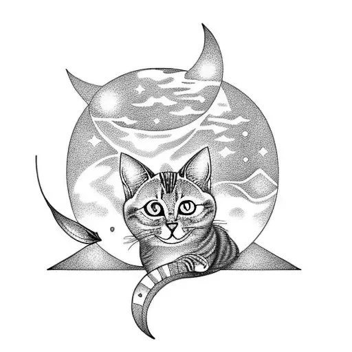 A Black-grey Tattoo Of A Cat Sitting On A Crescent Moon With Musical Notes Floating Around