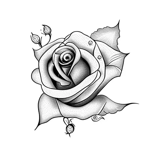A Dotwork Tattoo Of A Rose With The Words 'Valentin' Incorporated Into The Petals