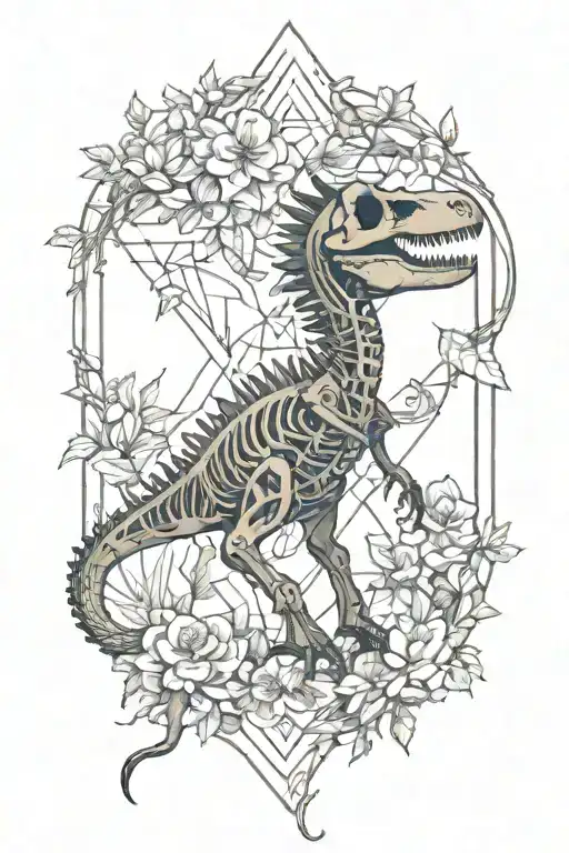Dinosaur Skeleton With Vines And Flowers Intertwined