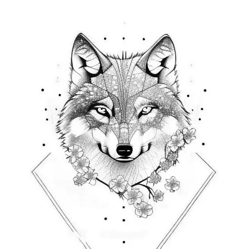 Wolf With Cherry Blossom And Galaxy