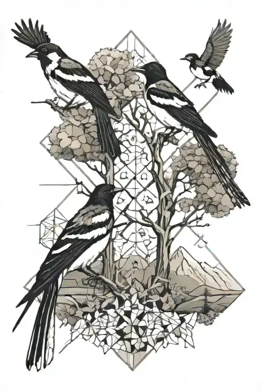 Geometric Design With 2 Magpies A Tree And Mountain Backdrop