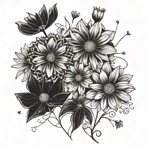 Cosmos And Daisy Bouquet Abstract Design Combining