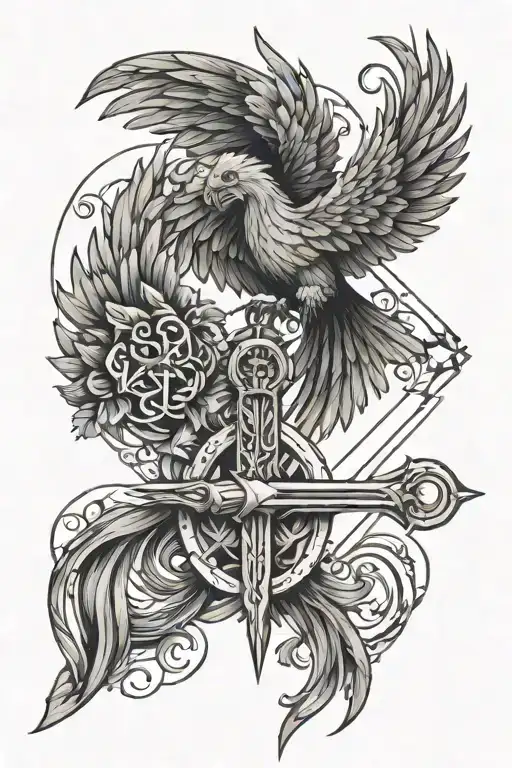 Tattoo With Sword And Pheonix Gaurding
