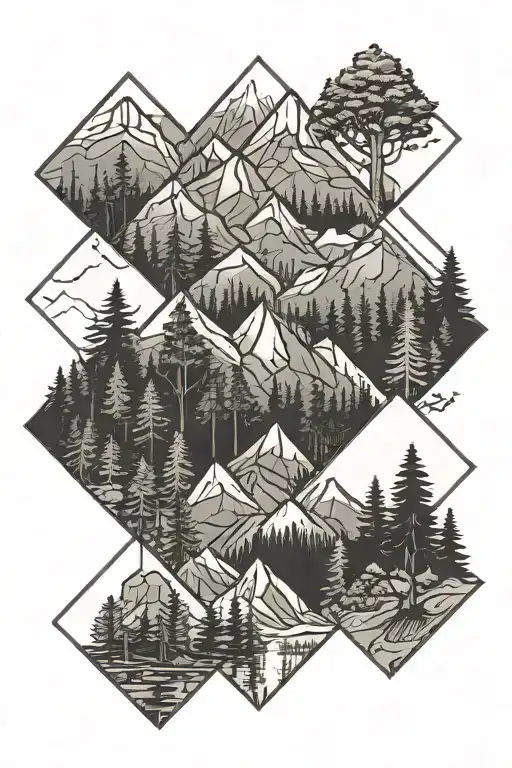 Pine Trees And Mountain Scene