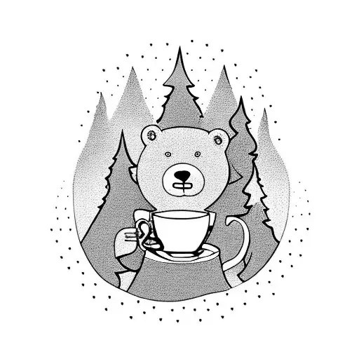 A Bear Sipping Coffee In A Serene Forest Setting