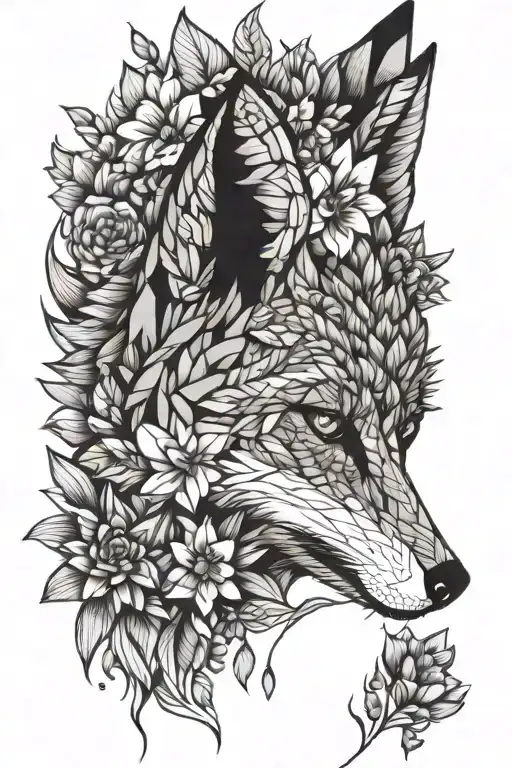 Half Fox Head And Half Flowers Growing Together