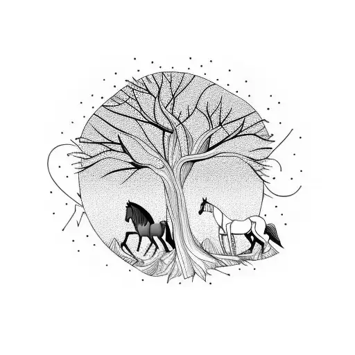 Horses With A Tree And A Cross