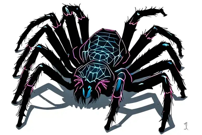 A Full Black Spider With A Neon Wire Frame
