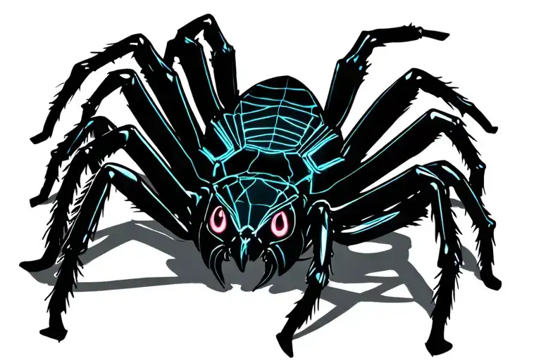 A Full Black Spider With A Neon Wire Frame