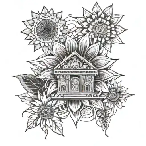 Sunflower With Nepali Temple