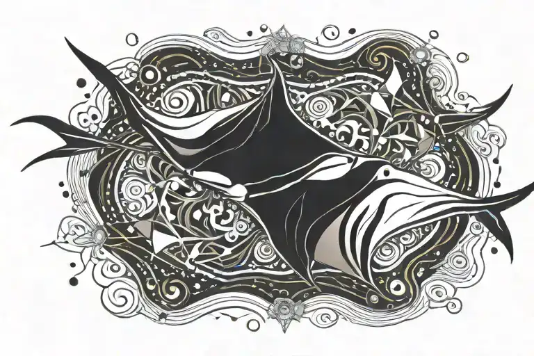 Manta Rays Swimming In Abstract Water With Lines Swirls Small Bubbles And Dots