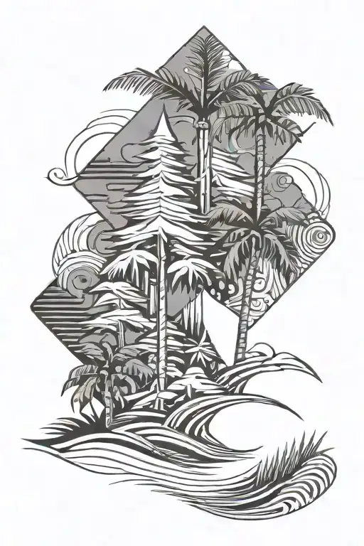 One-line Style Abstract With Christmas Tree And Palm Trees And Waves