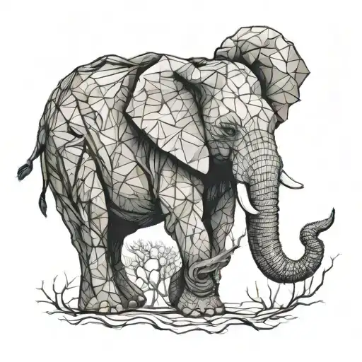 Baby Elephant With Old Tree Roots Forming The Shape