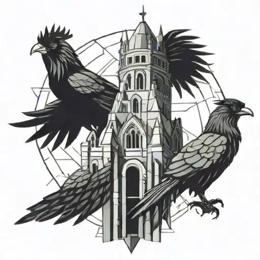 Cockerel And A Raven With A Tower In The Background