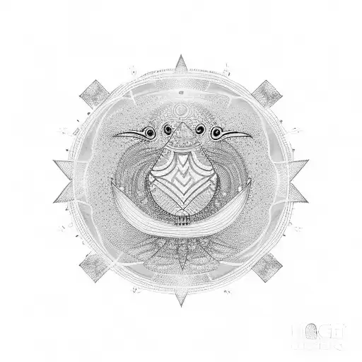 Delicate Blue And Gold Bird Protected By A Creature Inside A Circle