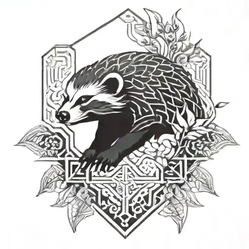 A Honey Badger Face In Flames And Leaves Chinese Style