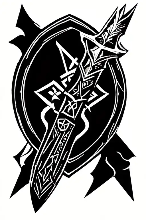 Dagger In Fine Line Tattoo With Norse Runes Forming
