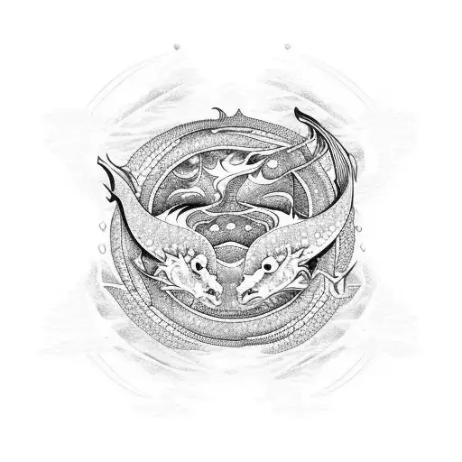 Pisces Influences By Dragons With Sea Waves In The Background And Fire At The Outer Boundary