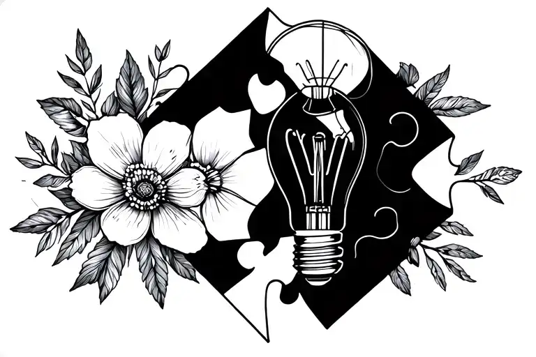Broken Light Bulb With February Birth Flowers In It And Puzzle Pieces Around