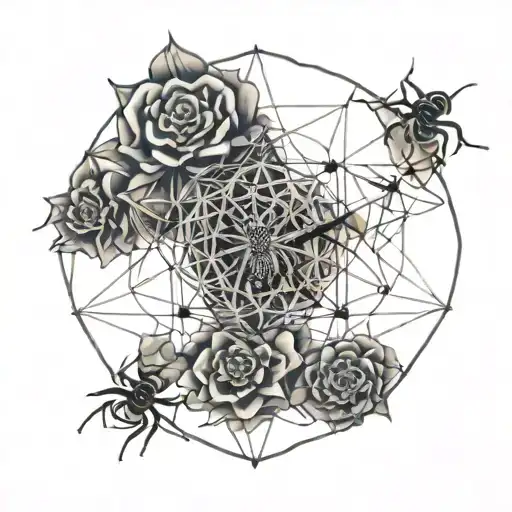 Flower Of Life And Spiderweb With Spider Crawling