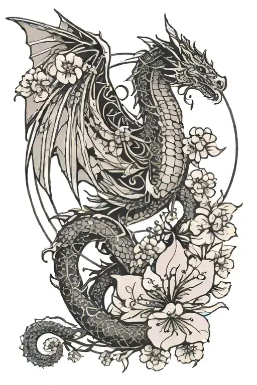 Dragon And Wing Attached And Moon Cherry Blossom Flowers