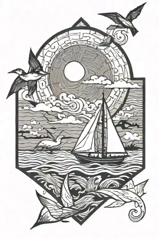 Small Sailboat With Small Birds And A Small Sun