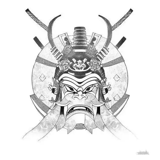 Samurai On Oni Mask Under The Half Moon With Sakurapetals