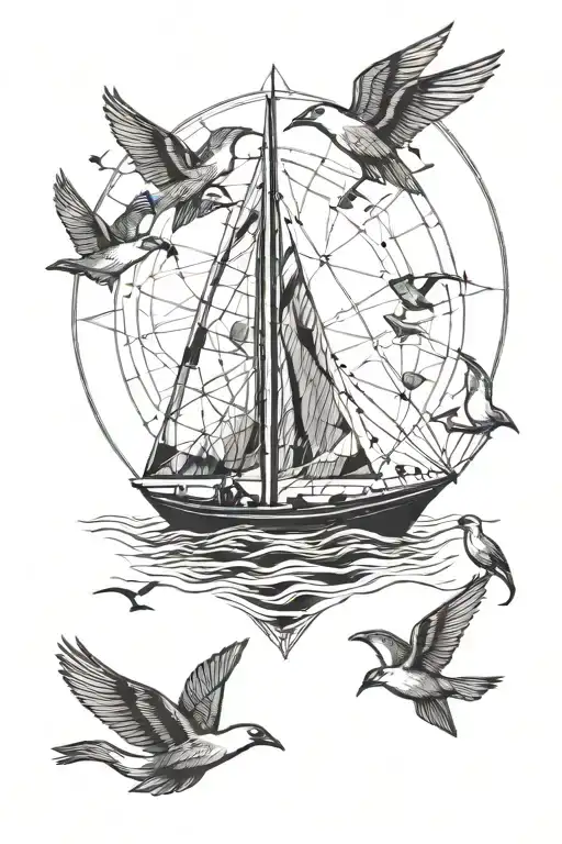Small Sailboat With Birds And A Sun