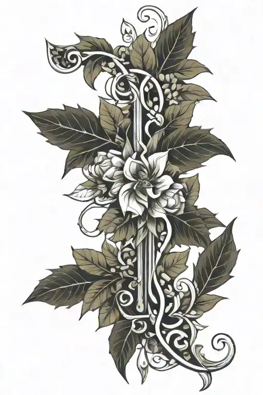 Leaves On A Vine With Flowers And A Dagger