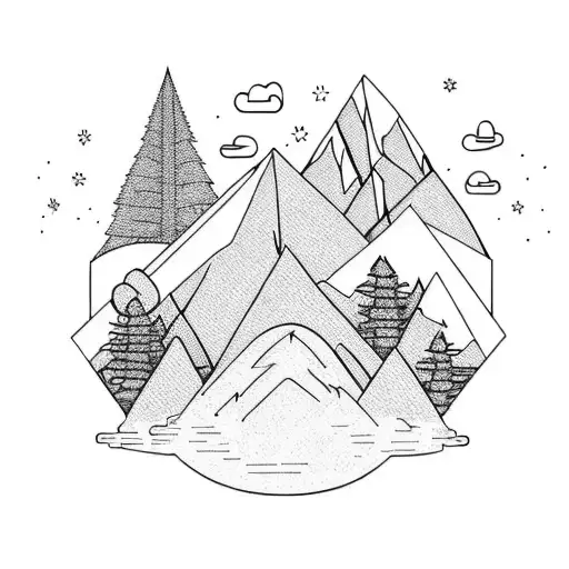 Mountain Scene With Campfire And Trees And Water And Clouds