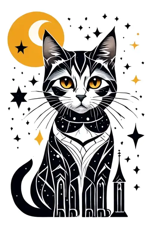 Geometric Tattoo With Moon And Stars A Cat And Large Towers