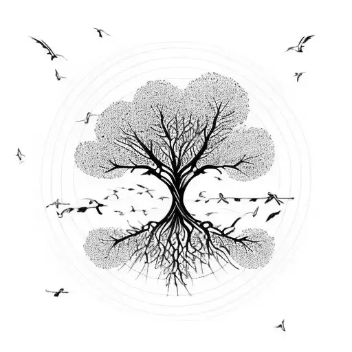 Tree Of Life With Flying Birds