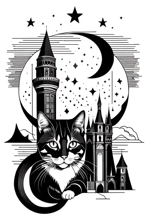 Geometric Tattoo With Moon And Stars A Cat And Large Towers