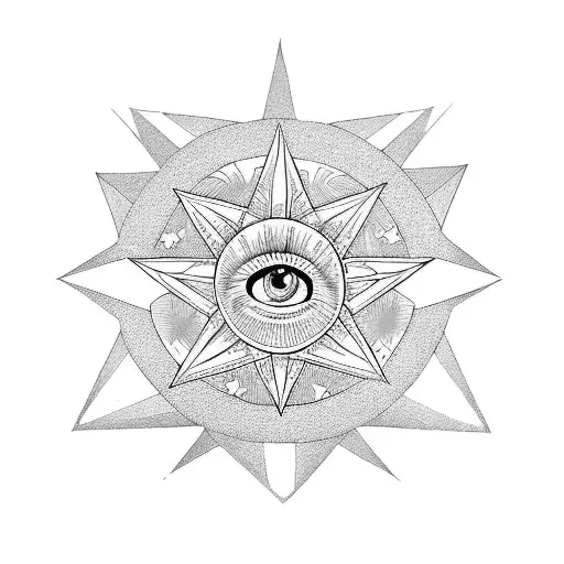 3 Sided Star Within A 5 Pointed Star Within A 7 Pointed Star With An Eye In The Centre