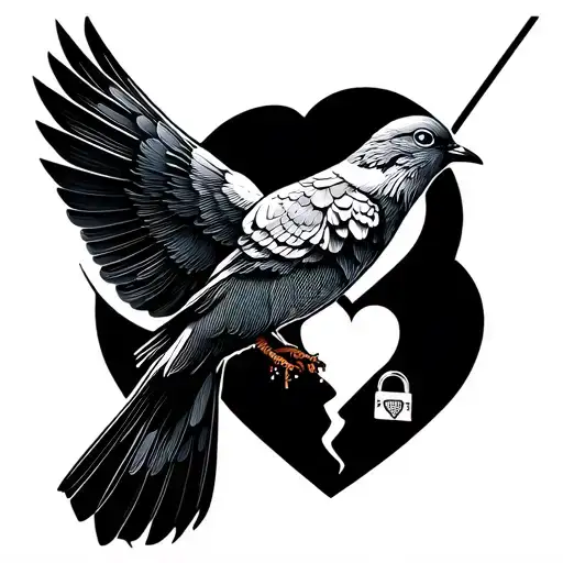 Doves Bird Holding A String With Broken Heart Shaped Lock