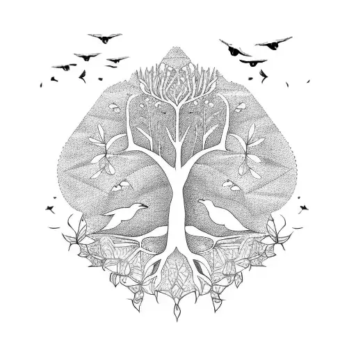 Tree Of Life With Flying Birds