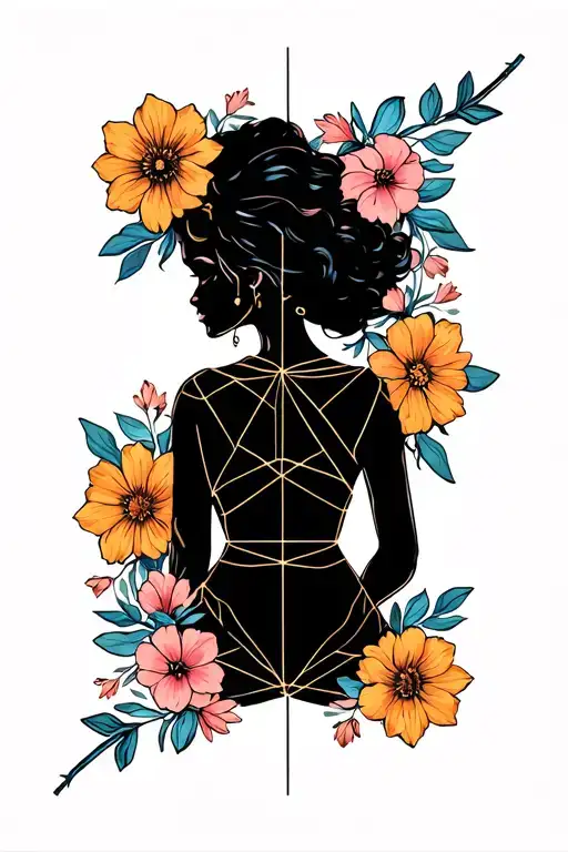 Fine Line Flowers Surrounding Pin Up Style Girl Bent Over Virgo Zodiac Symbol
