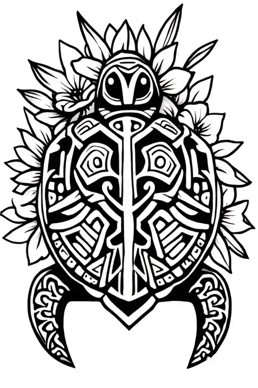 Maori Turtle With Flowers Surrounding
