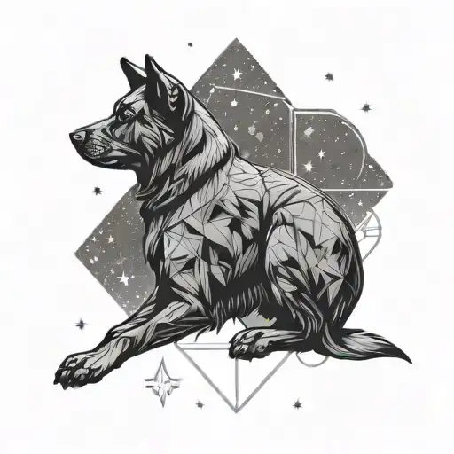 Dog Sits With Its Back Turned And Looks At The Stars With A Comet