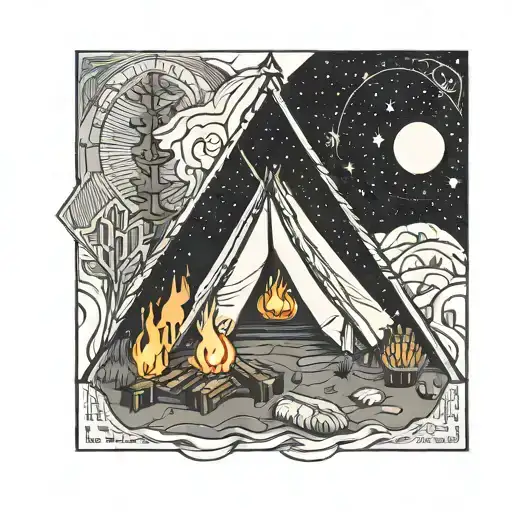 Tent With Campfire And Sun