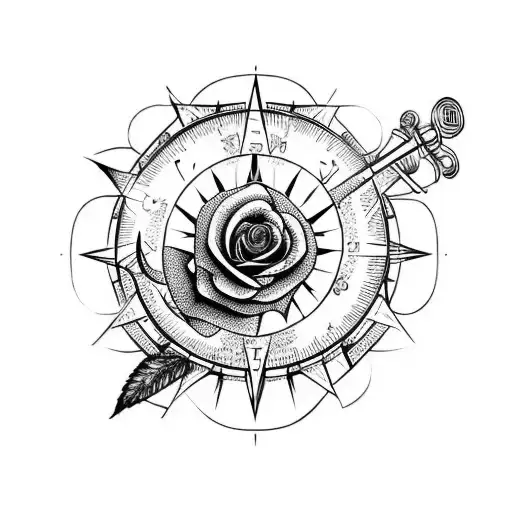 A Red Rose With A Lyre On A Compass