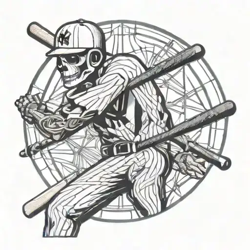 Skeleton Swinging A Baseball Bat Wearing A New York Yankees Cap