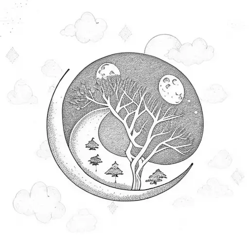 River Black Moon Crescent Trees Intricate