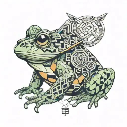 A Japanese Frog Wearing A Samurai Helmet Surrounded By Coding Symbols