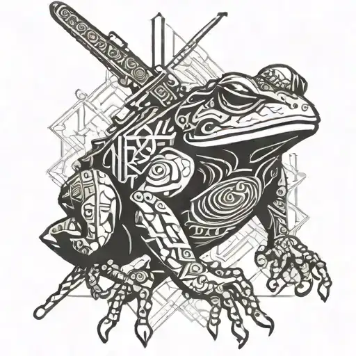 A Japanese Frog With A Samurai Sword And Coding Symbols Forming A Background