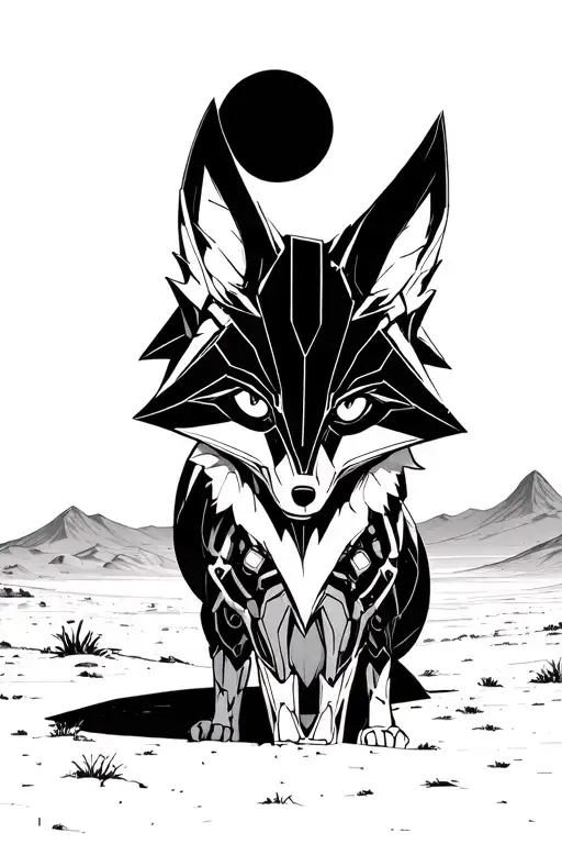 Cyborg Fox In A Desert Landscape Black And White Manga Style With A Single Star Glowing In The Sky