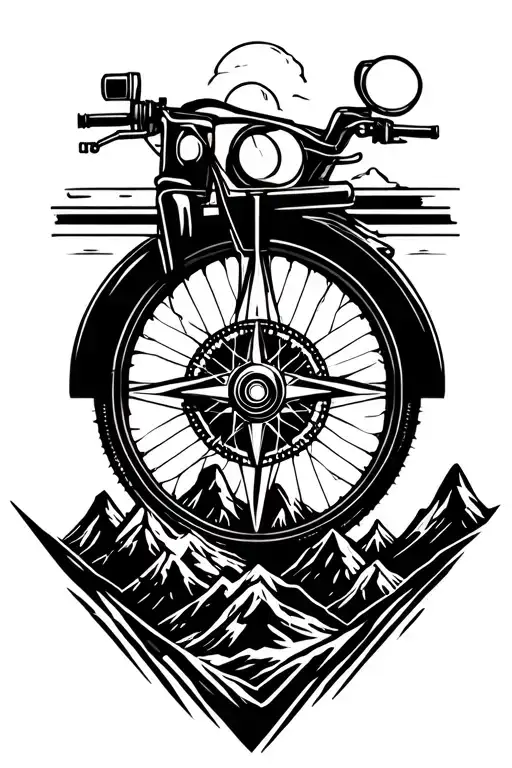 Motorcycle Wheel With Integrated Compass And Mountains At The Bottom